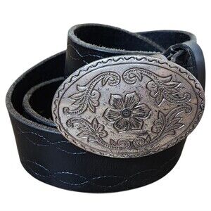 Old Navy Black Western Leather Belt Silver Tooled Flower Buckle Sz. S